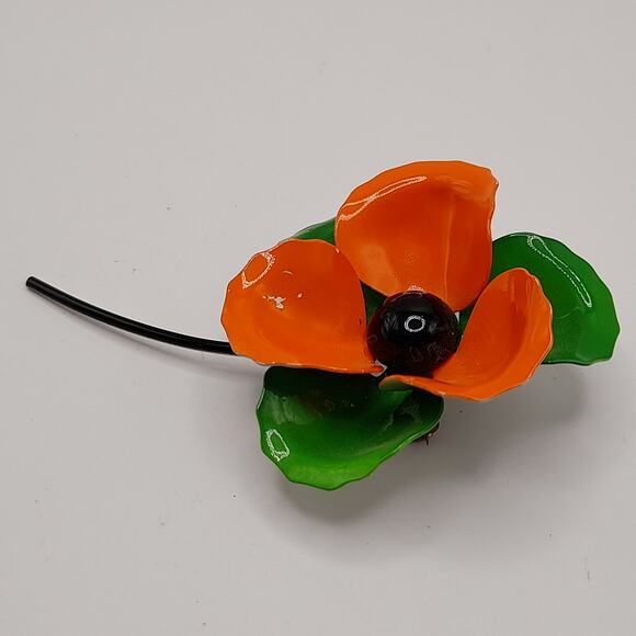 Vintage 1960s Orange Green White Enamel Flower Brooch with Stem, 4 Inches - Picture 7 of 9